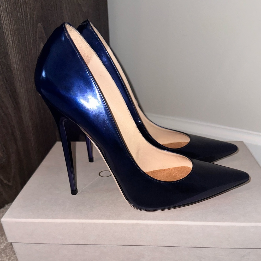 💙Deep Metallic Denim Blue Trendy Jimmy Choo Anouk 120 Pump! Size 38 💙👠👠